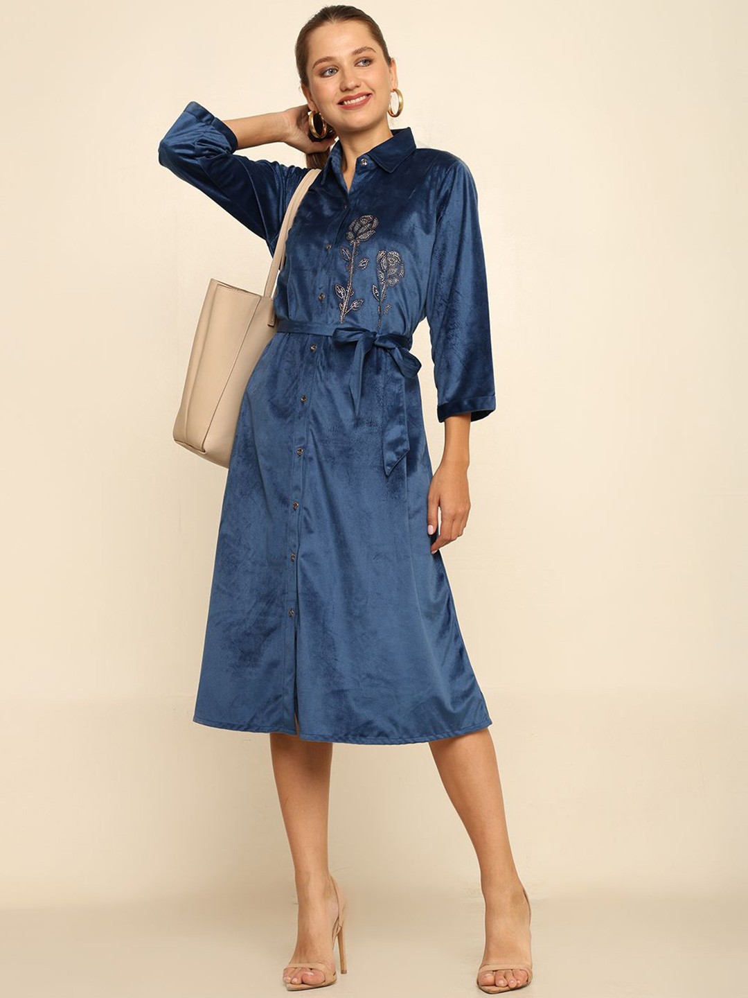 

CRAFTBAZAR Women Embellished A-Line Midi Dress, Blue
