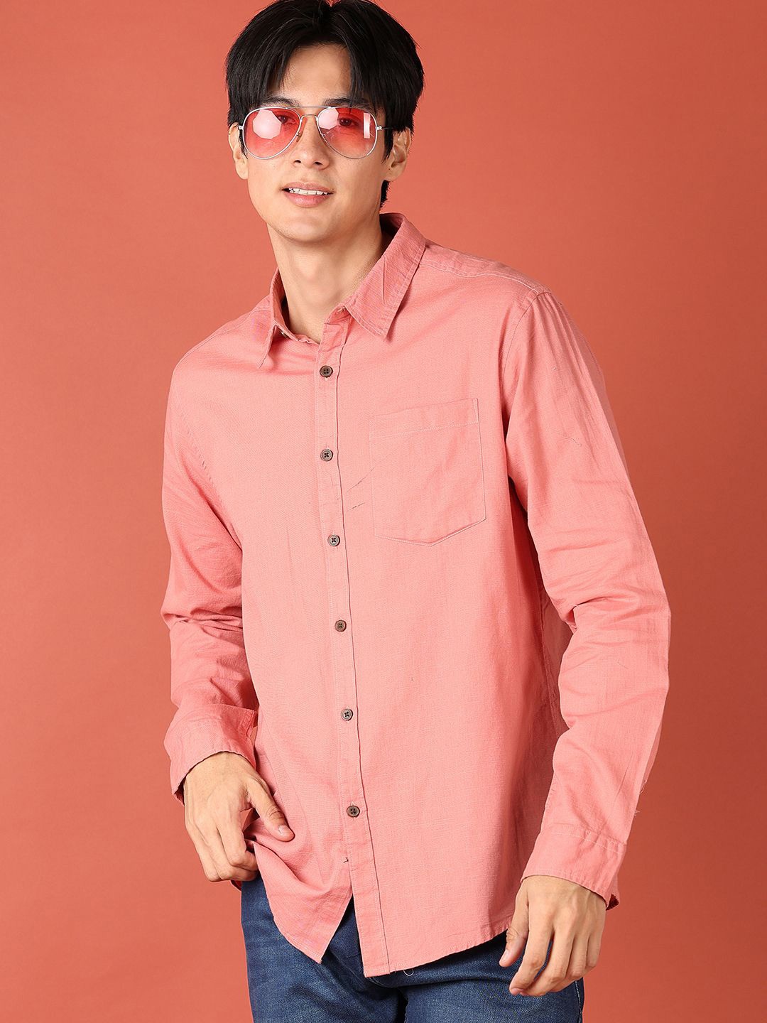 

V-Mart Men Spread Collar Solid Cotton Casual Shirt, Pink