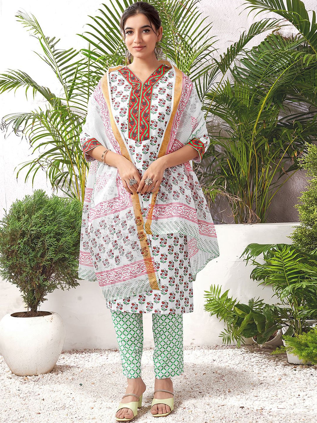 

KALINI Floral Printed Kurta with Trouser & Dupatta, White