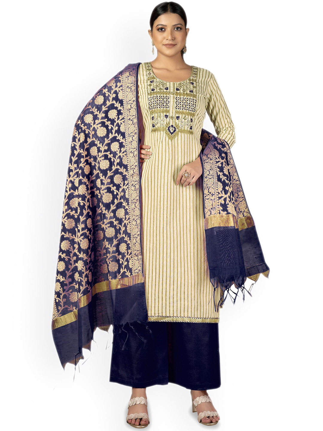 

Maroosh Striped Unstitched Dress Material, Beige