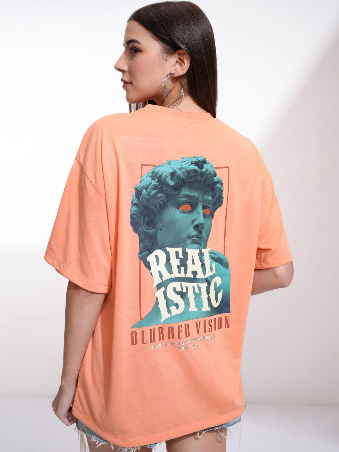 

Tokyo Talkies Women Typography Printed Round Neck Oversized T-shirt, Peach
