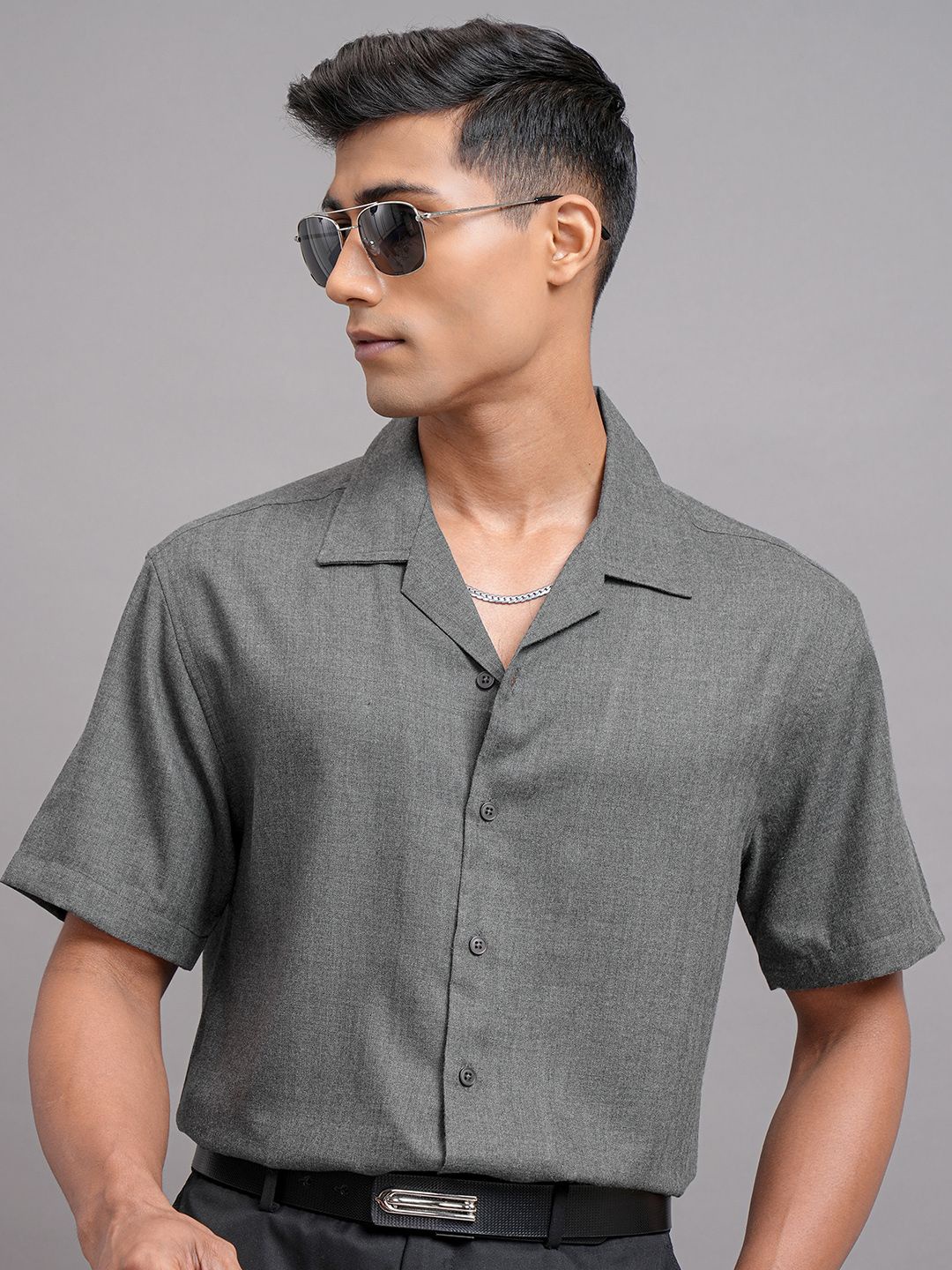 

LOCOMOTIVE Men Cuban Collar Solid Cotton Relaxed Fit Casual Shirt, Grey