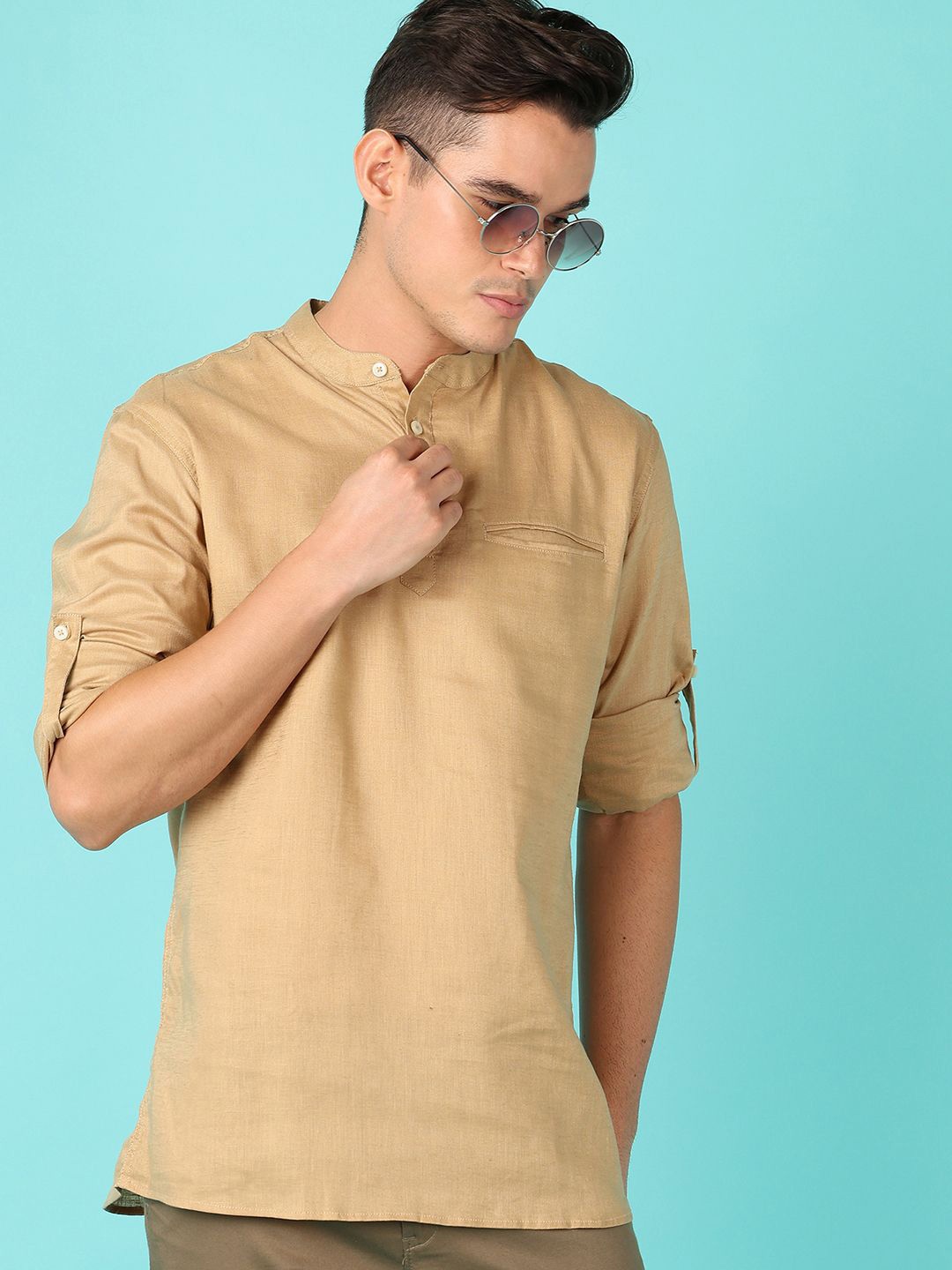 

V-Mart Men Band Collar Solid Cotton Casual Shirt, Beige