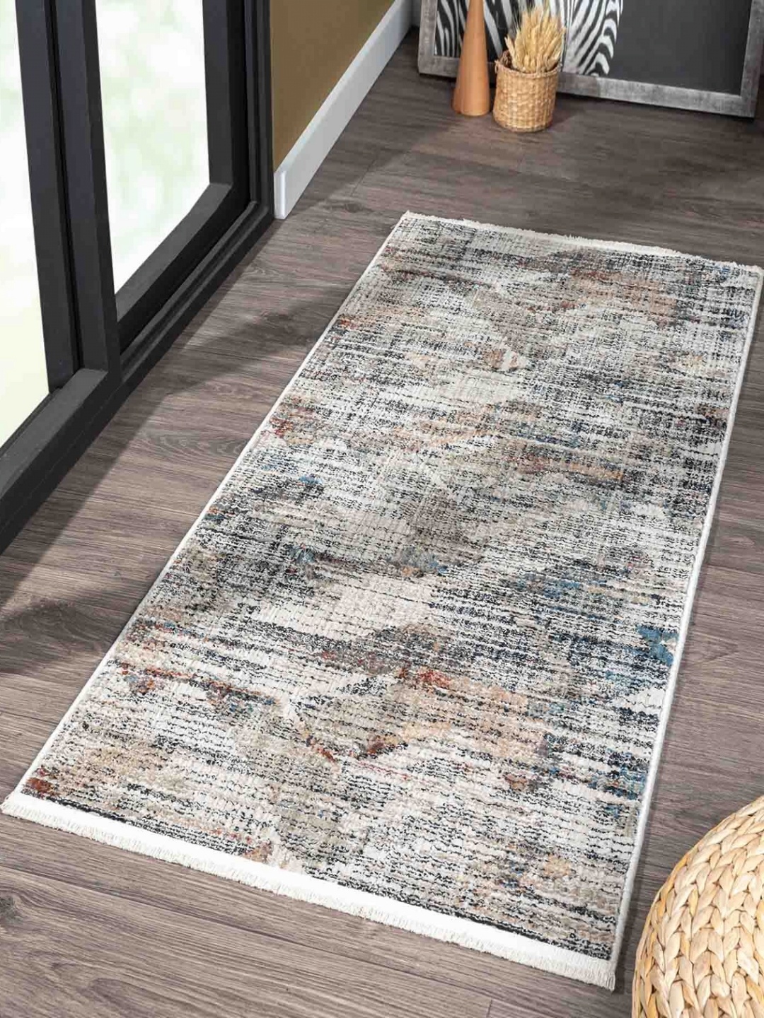 

OBSESSIONS Cream-Colored & Blue Abstract Printed Bedside Runner