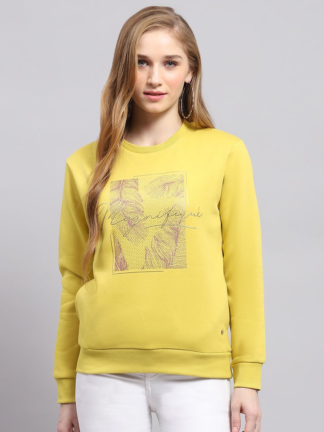 

Monte Carlo Women Yellow Round Neck Full Sleeves Cotton Printed Pullover Sweatshirt