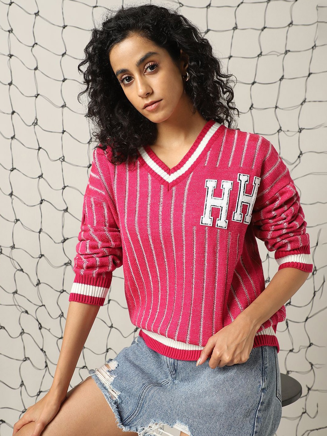 

Hubberholme Women Typography Varsity V neck Boxy Fit Pullover, Pink