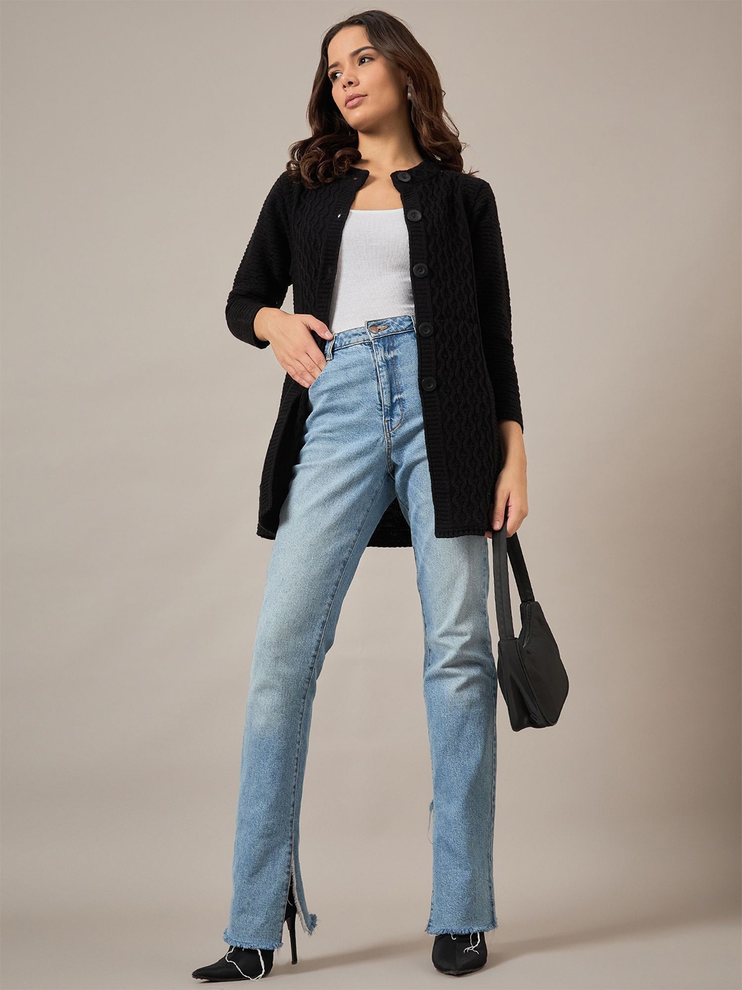 

The Roadster Lifestyle Co Women Self Design Cardigan, Black