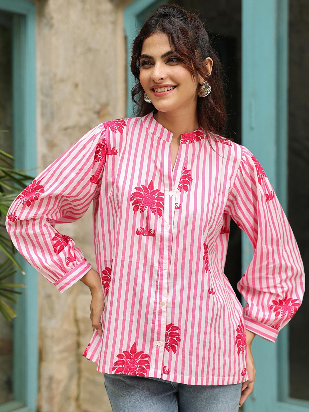 

Jaipur Morni Women Printed Mandarin Collar Cotton Top, Pink