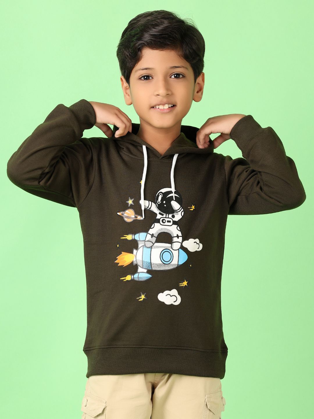 

V-Mart Boys Printed Hooded Pullover Sweatshirt, Olive