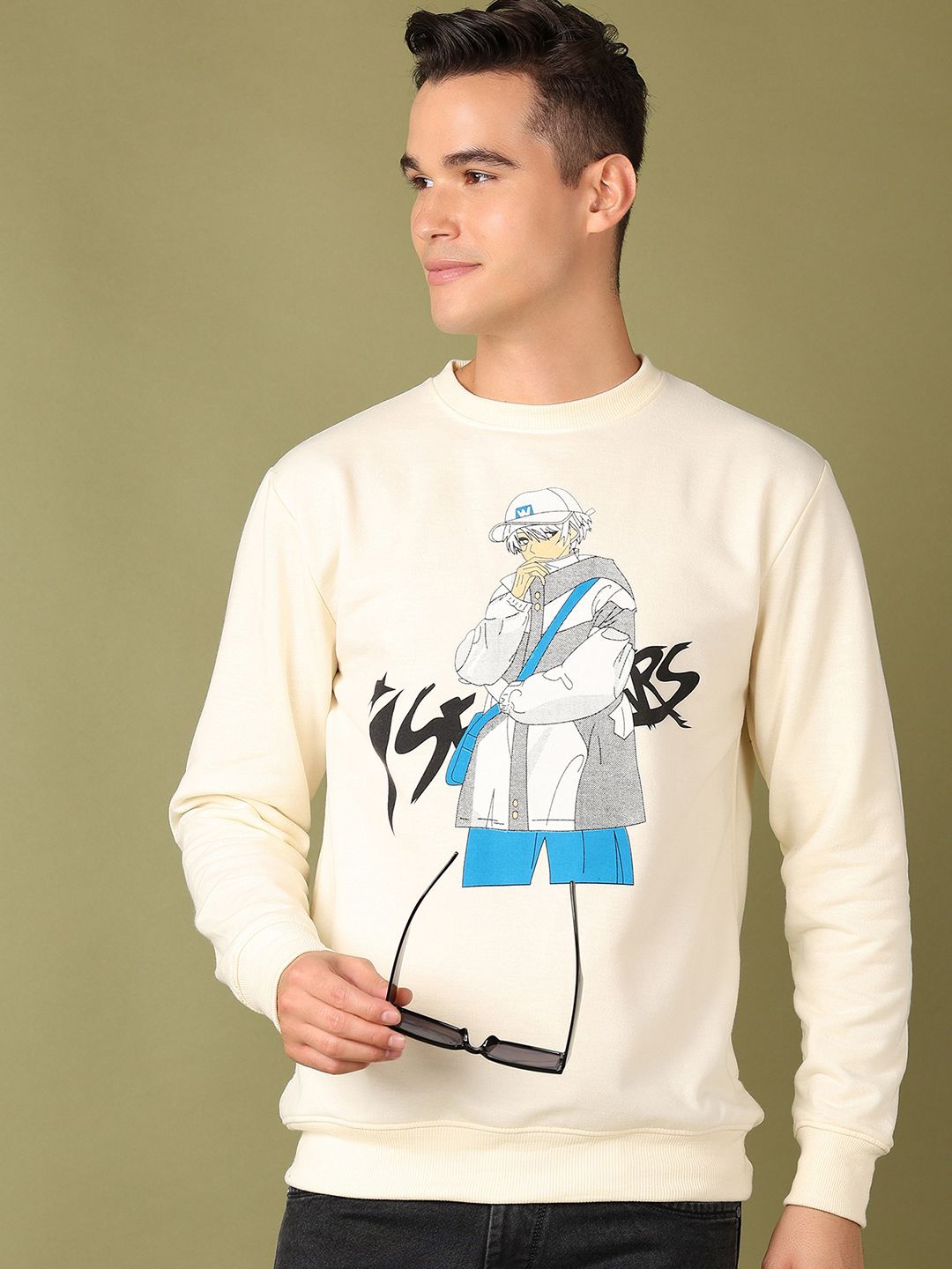 

V-Mart Men Printed Round Neck Pullover Sweatshirt, Off white