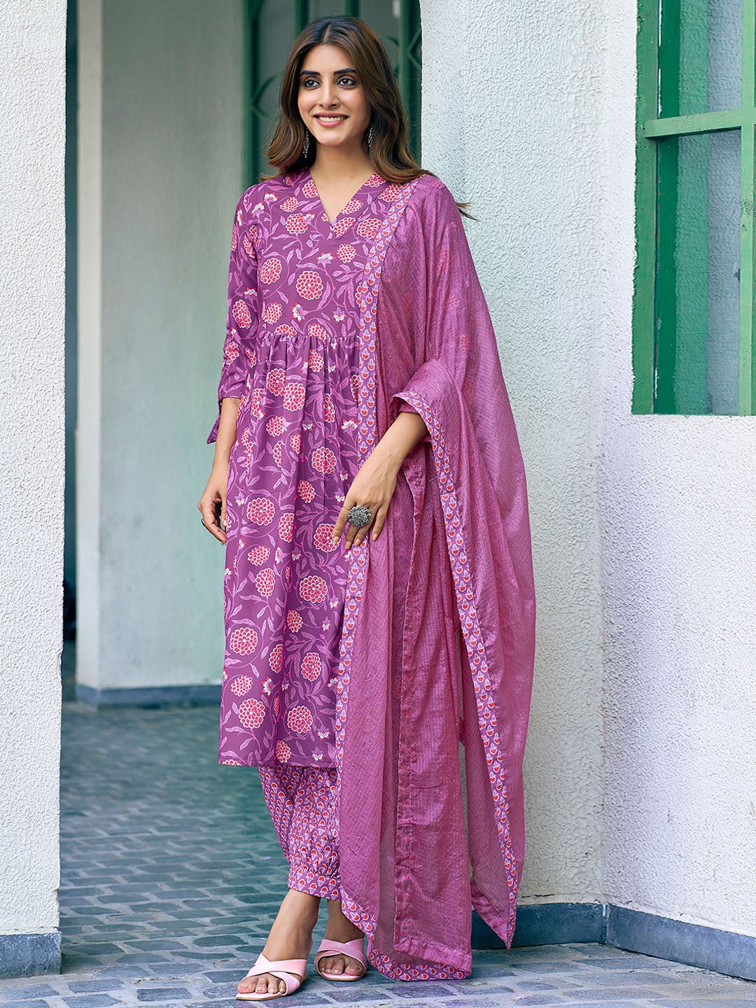 

KALINI Floral Printed Pleated A Line Kurta with Salwar & Dupatta, Purple