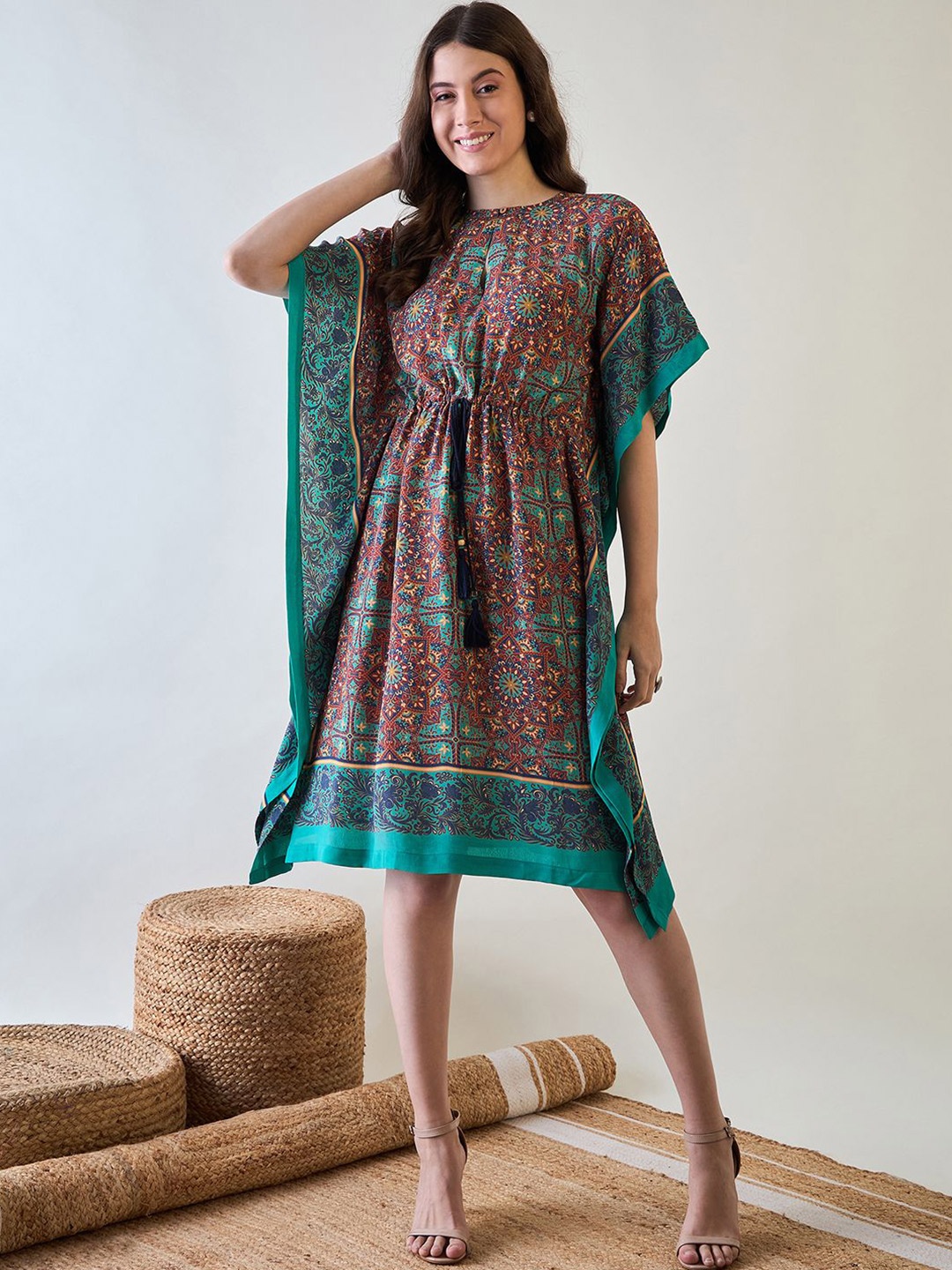 

The Kaftan Company Women Floral Printed Kaftan Knee Length Dress, Maroon