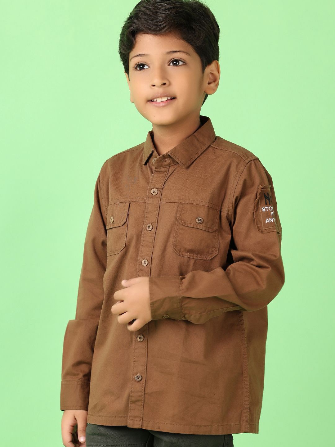 

V-Mart Boys Spread Collar Solid Cotton Casual Shirt, Brown