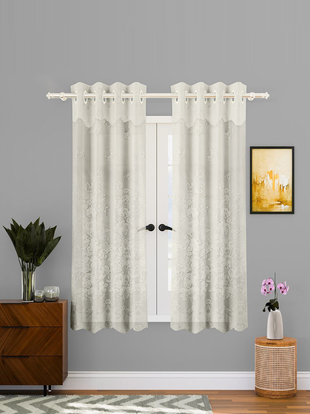 

Kuber Industries Cream 2 Pieces Self Design Cotton Window Curtains