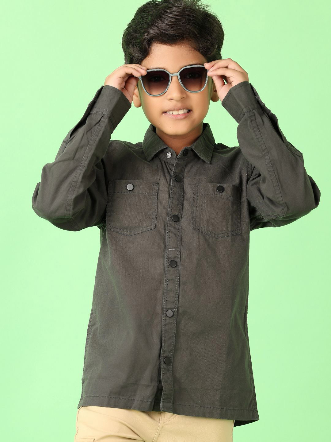 

V-Mart Boys Spread Collar Solid Cotton Casual Shirt, Olive