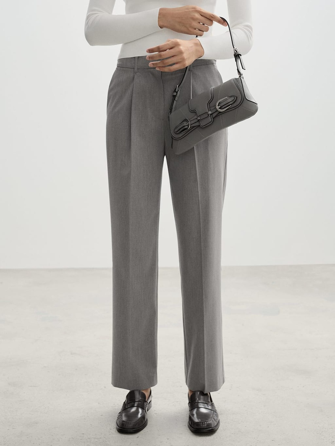 MANGO Women Pleated Formal Trousers, Grey