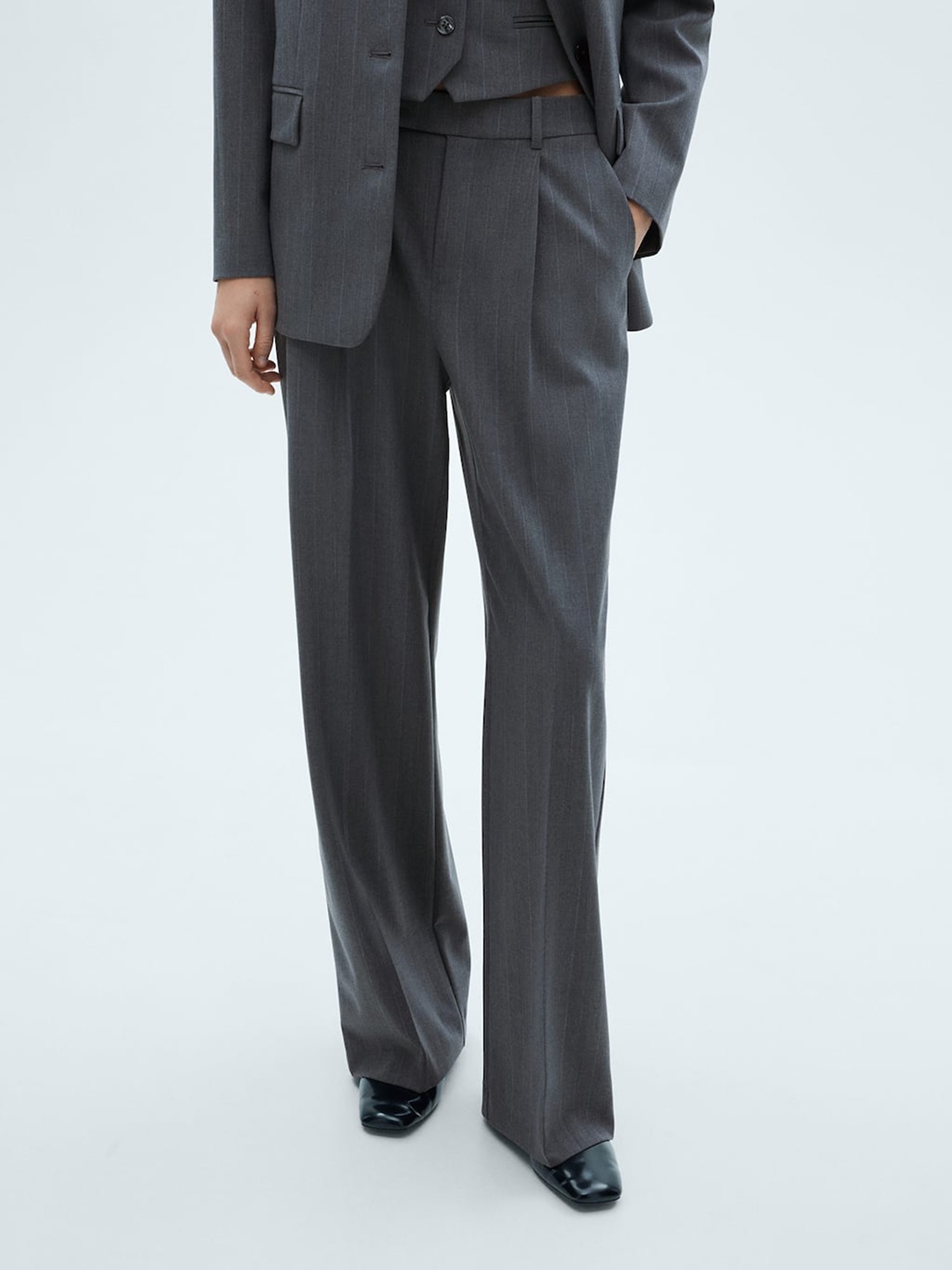 

MANGO Women Pinstriped Straight Fit Trousers, Grey