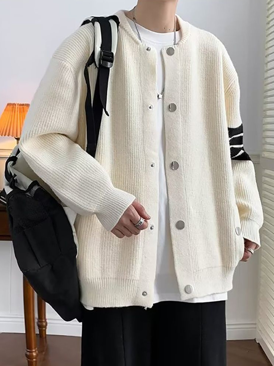 

StyleCast x Revolte Men Striped Cardigan Sweater, White