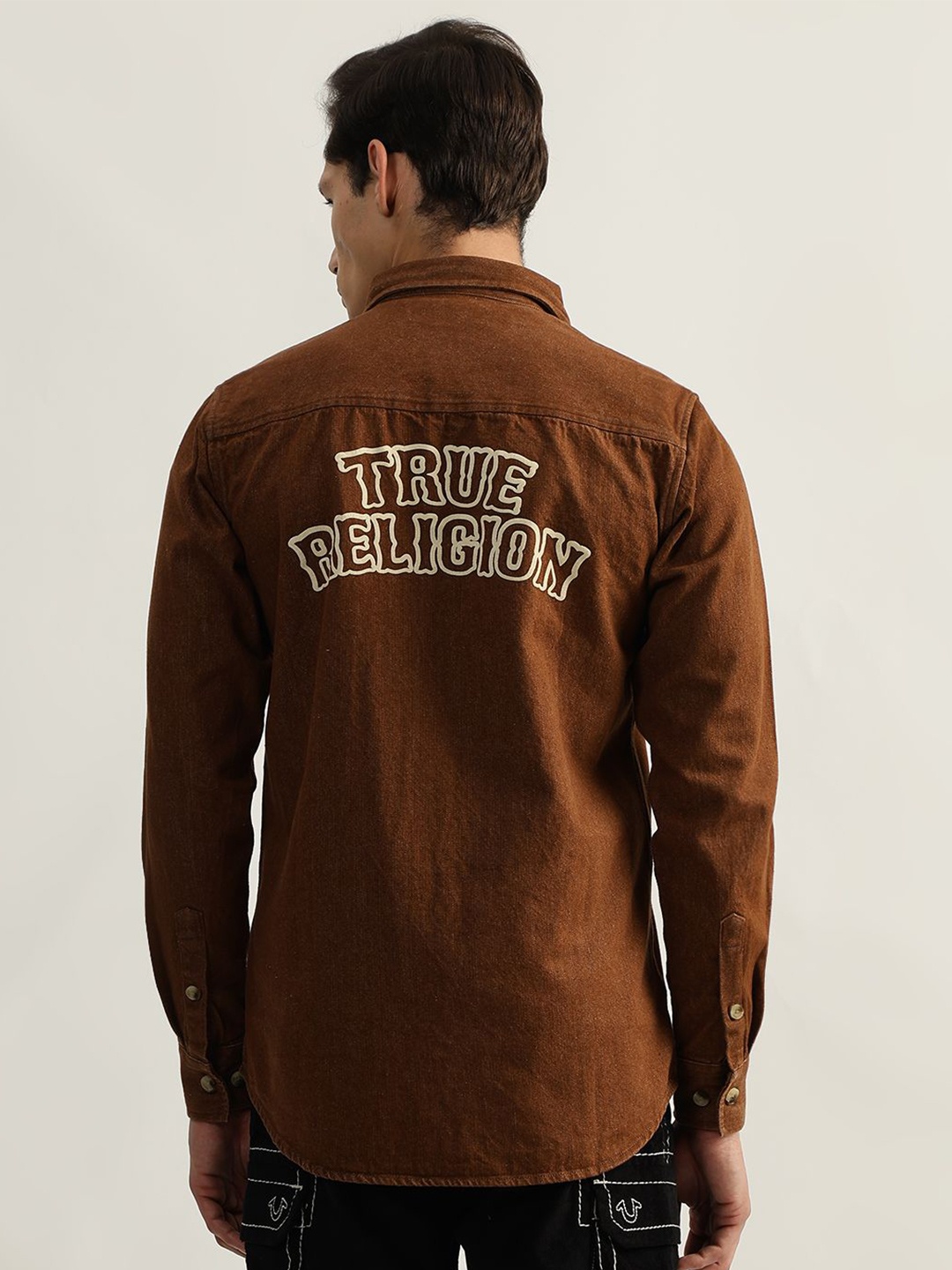 

True Religion Men Spread Collar Typography Printed Cotton Casual Shirt, Brown