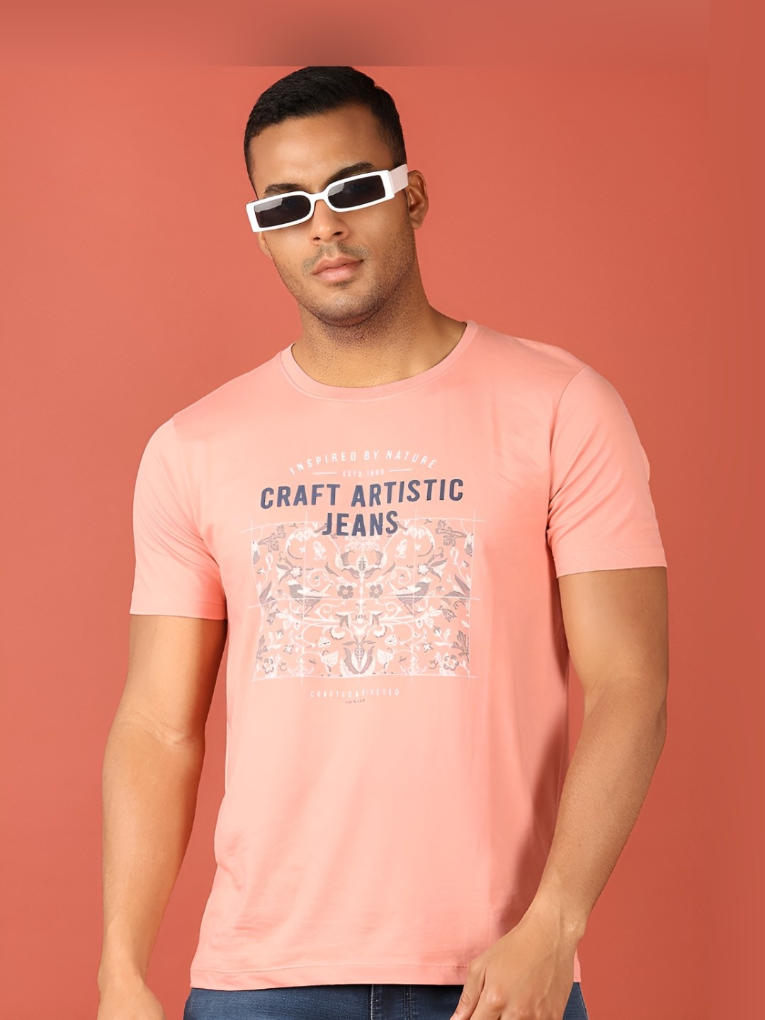 

V-Mart Men Typography Printed Round Neck Cotton T-shirt, Peach
