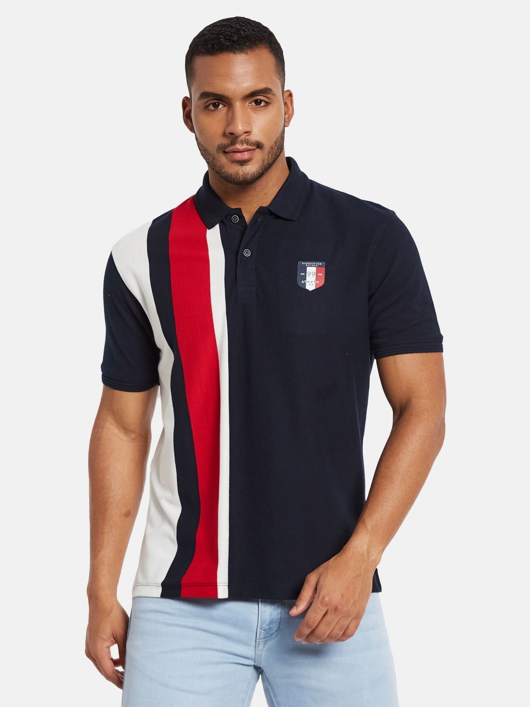 

Octave Men Striped Polo Collar Cotton T-shirt, Navy blue