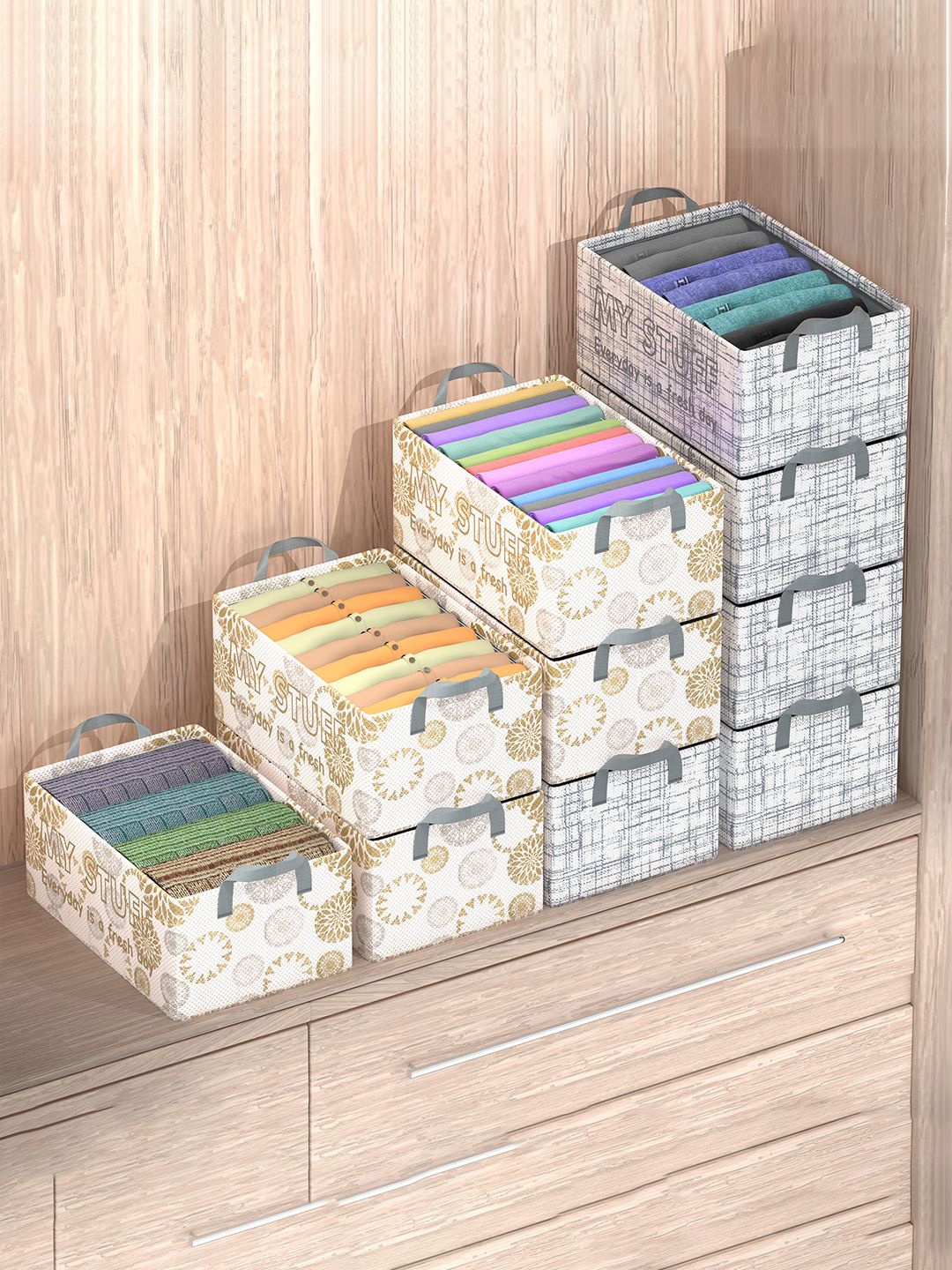 

Kuber Industries Grey 10 Pieces Printed Foldable Drawer Organisers