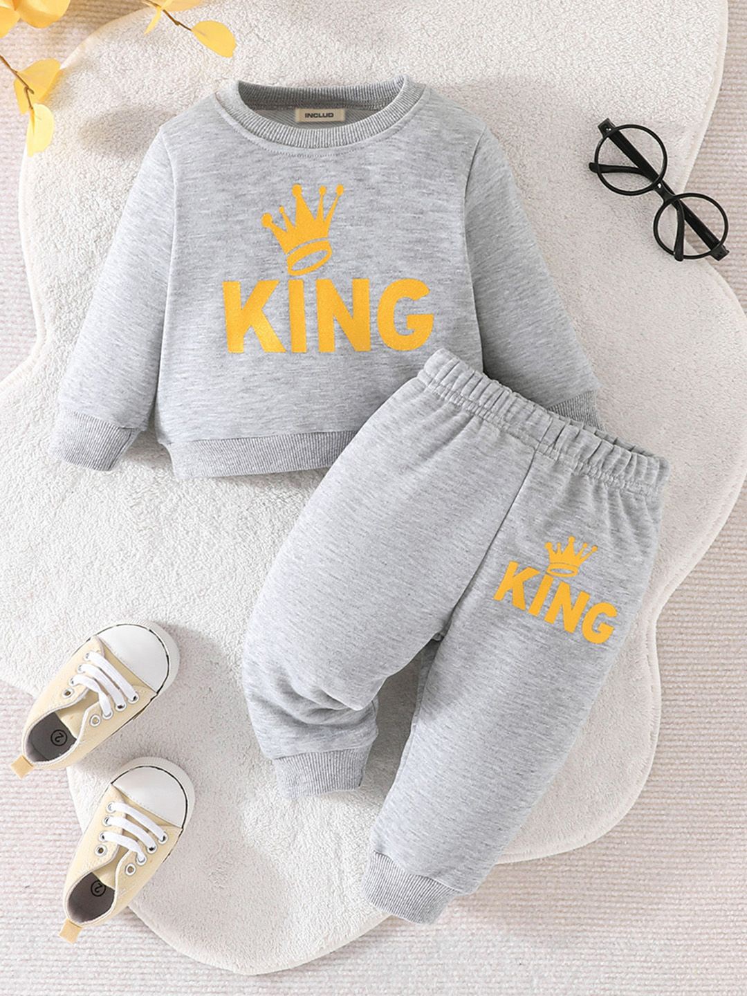 

INCLUD Boys Printed Round Neck Long Sleeves Sweatshirt With Jogger, Grey