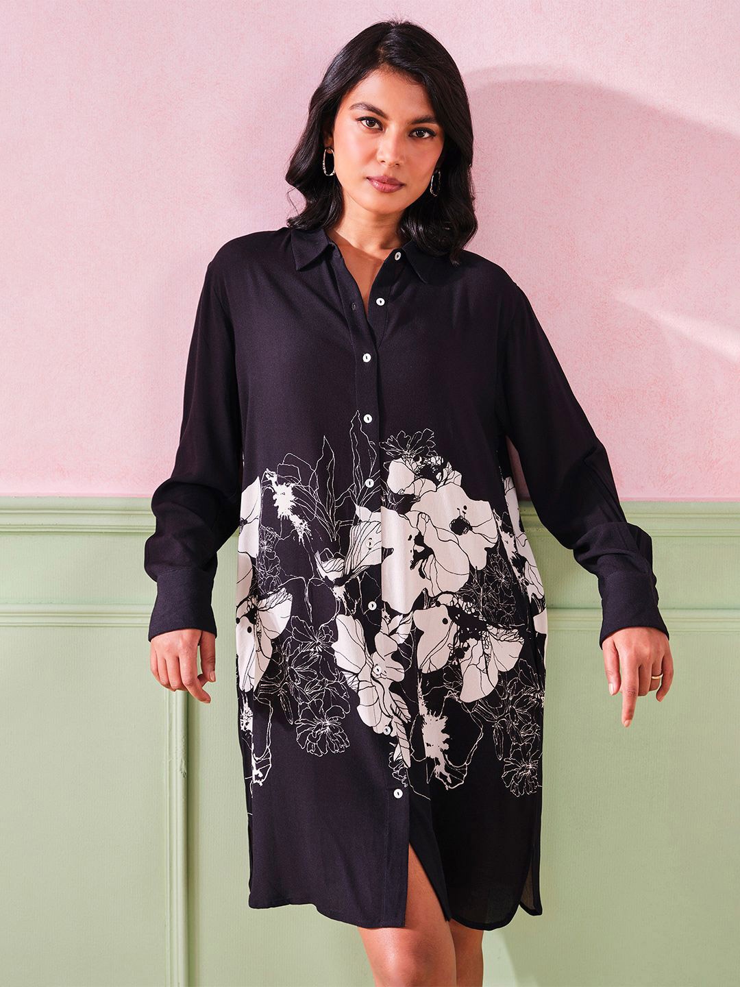 

AND Floral Women Black and White Printed Long Sleeves Shirt Collar A-Line Dress