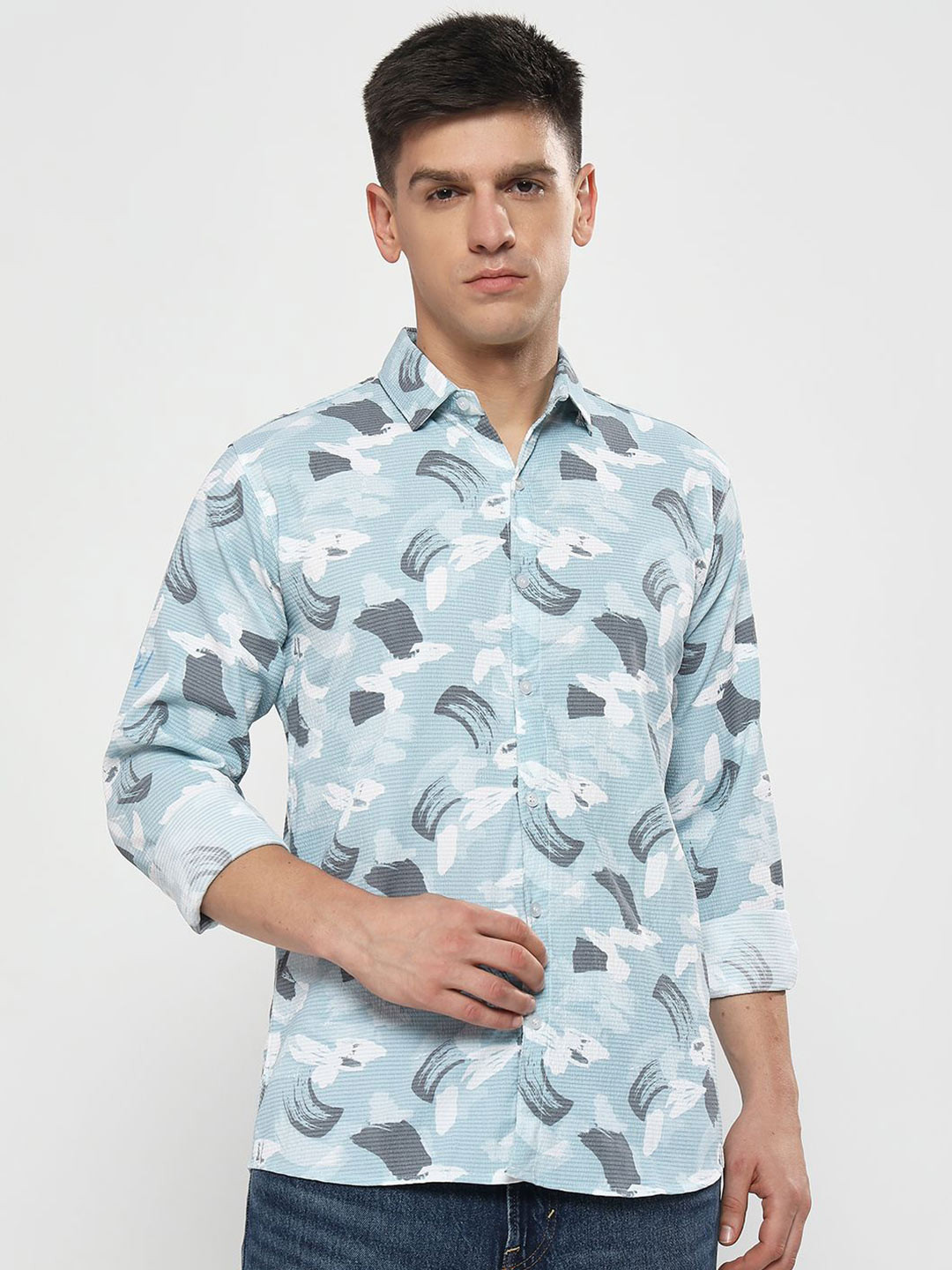 

YOUTH FIRST Men Modern Spread Collar Abstract Printed Casual Shirt, Blue
