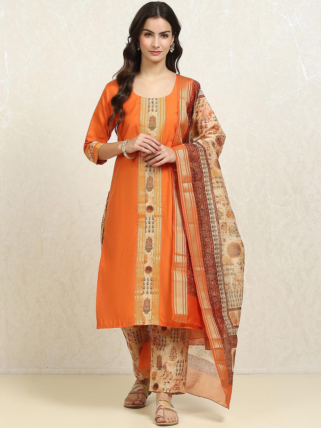 

Biba Ethnic Motifs Printed Pure Cotton Unstitched Dress Material, Orange