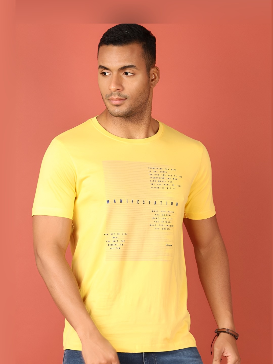 

V-Mart Men Typography Printed Round Neck Cotton Slim Fit T-shirt, Yellow