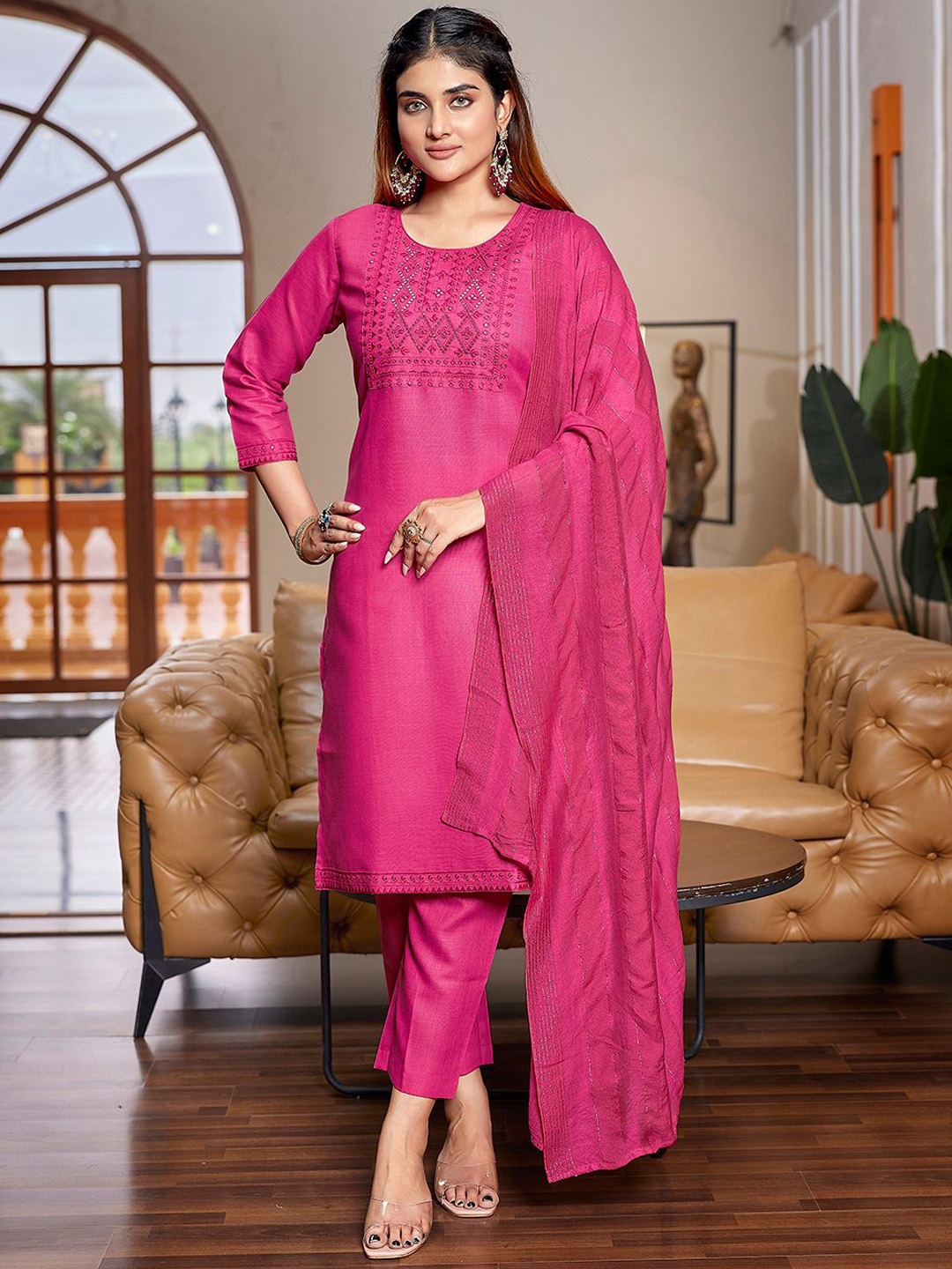 

Royal Export Geometric Embroidered Sequinned Straight Kurta With Trouser & Dupatta, Pink