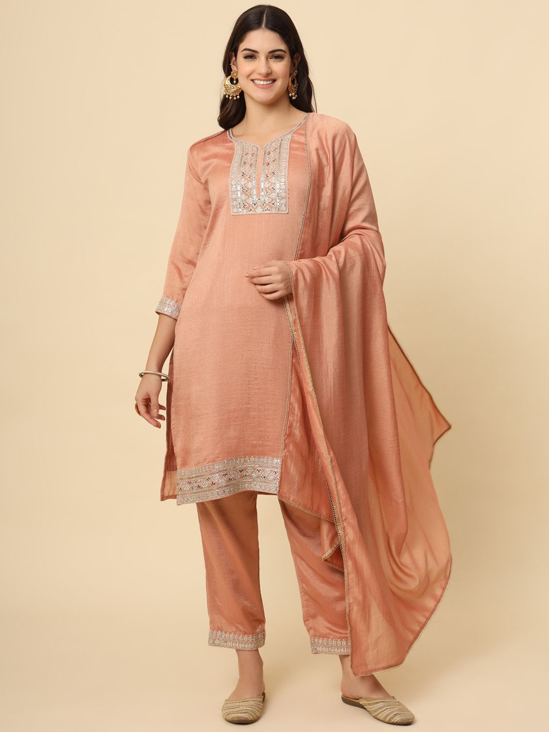

HERE&NOW Megha1 Floral Yoke Design Straight Thread Work Kurta with Trouser & Dupatta, Peach