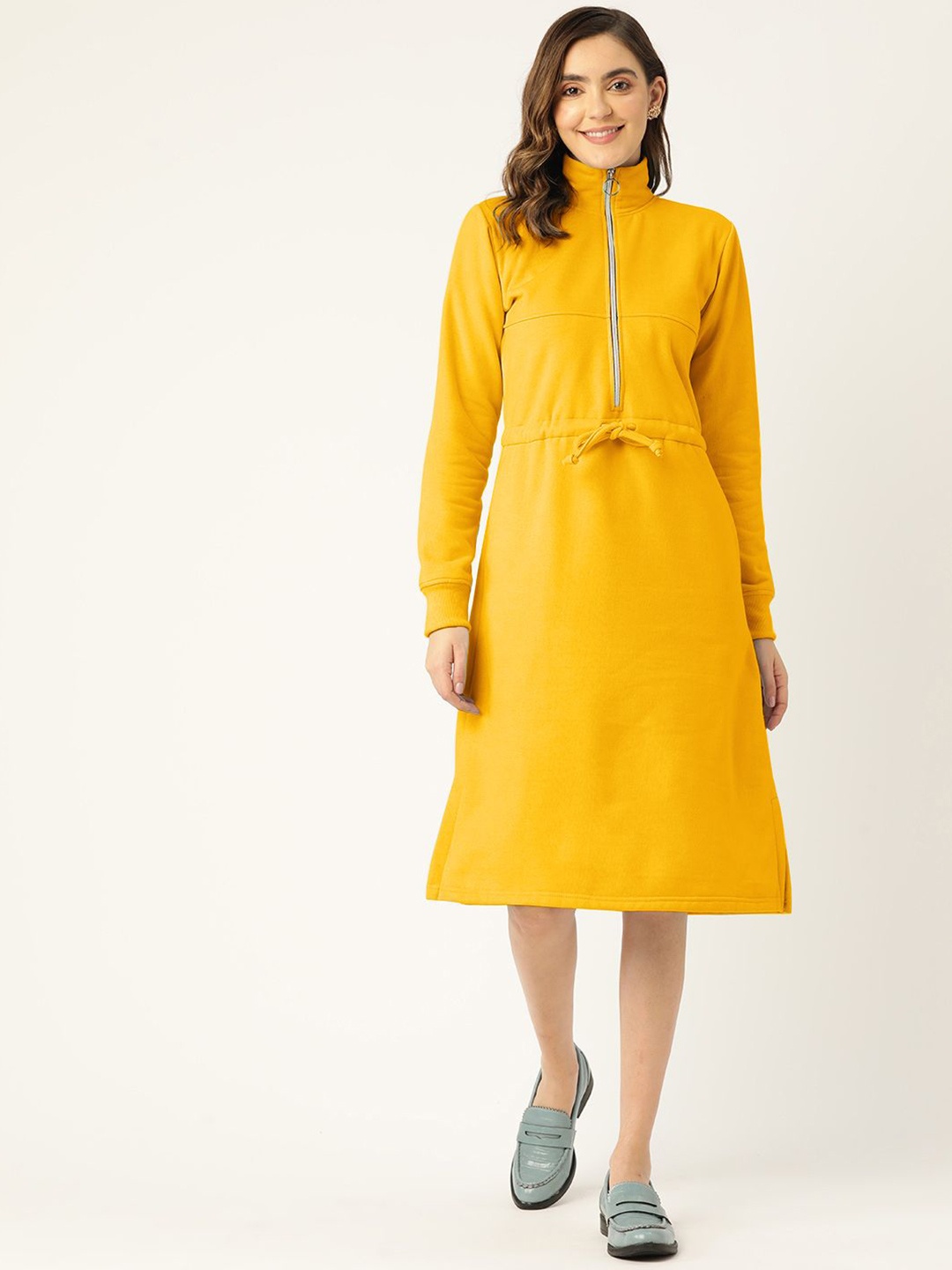 

BRINNS Women Mustard Mock neck Long Sleeves Cotton A-Line Midi Dress