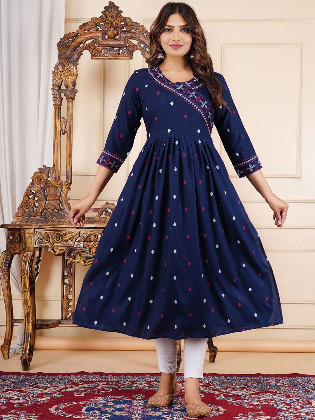 

KALINI Women Geometric Printed Round Neck Anarkali Kurta, Navy blue