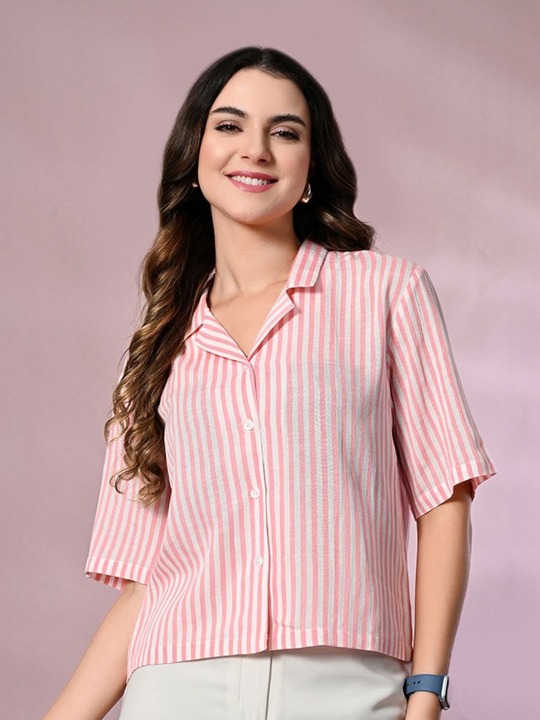 

PRETTY LOVING THING Women Striped Shirt Collar Top, Pink