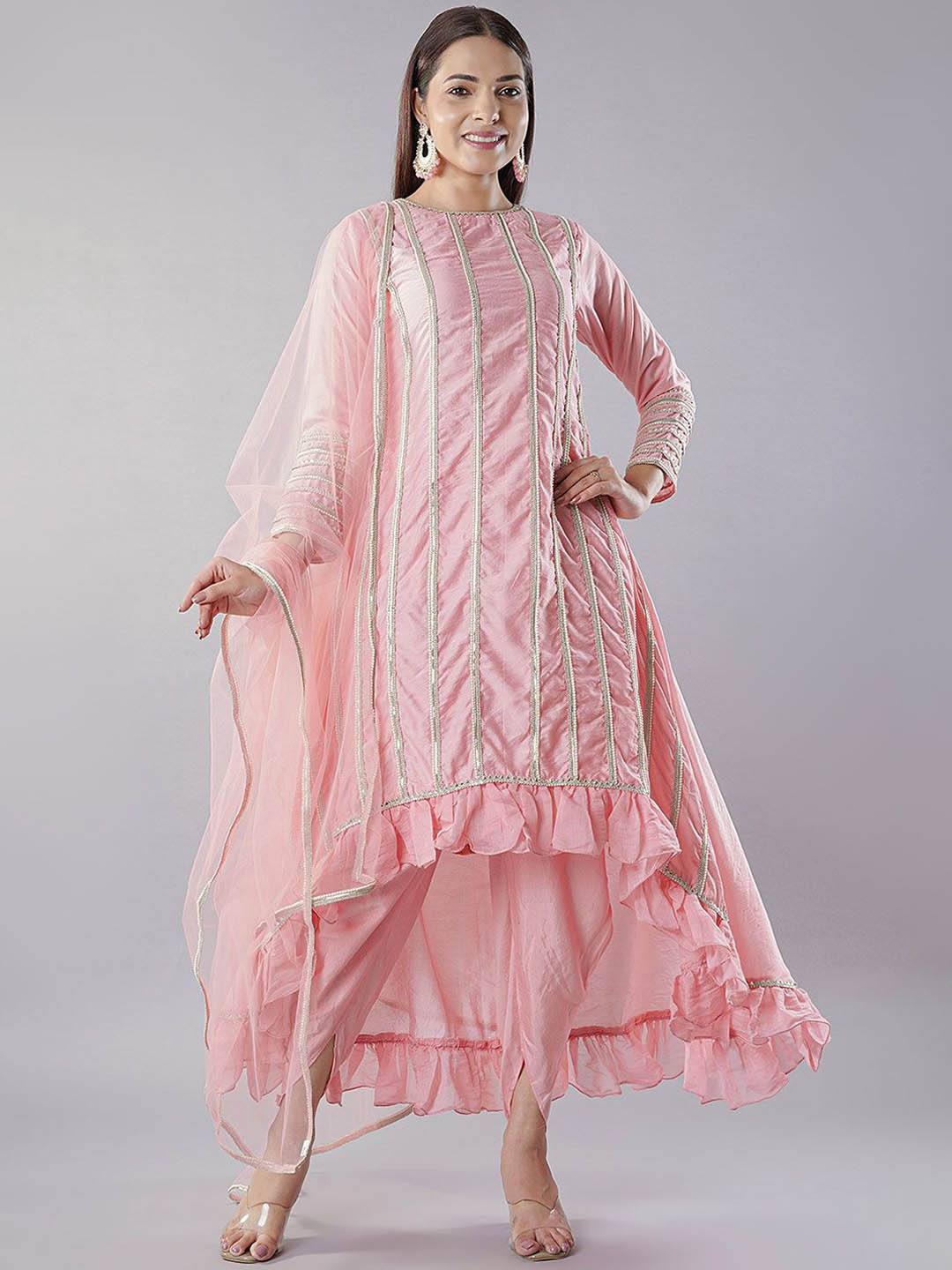 

Utsav Fashion Floral Embroidered Zari Pleated Anarkali Kurta With Dhoti & Dupatta, Pink