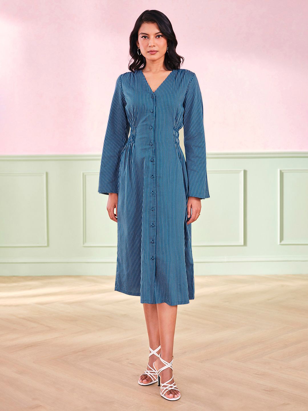 

AND Women Striped V-Neck A-Line Dress, Blue