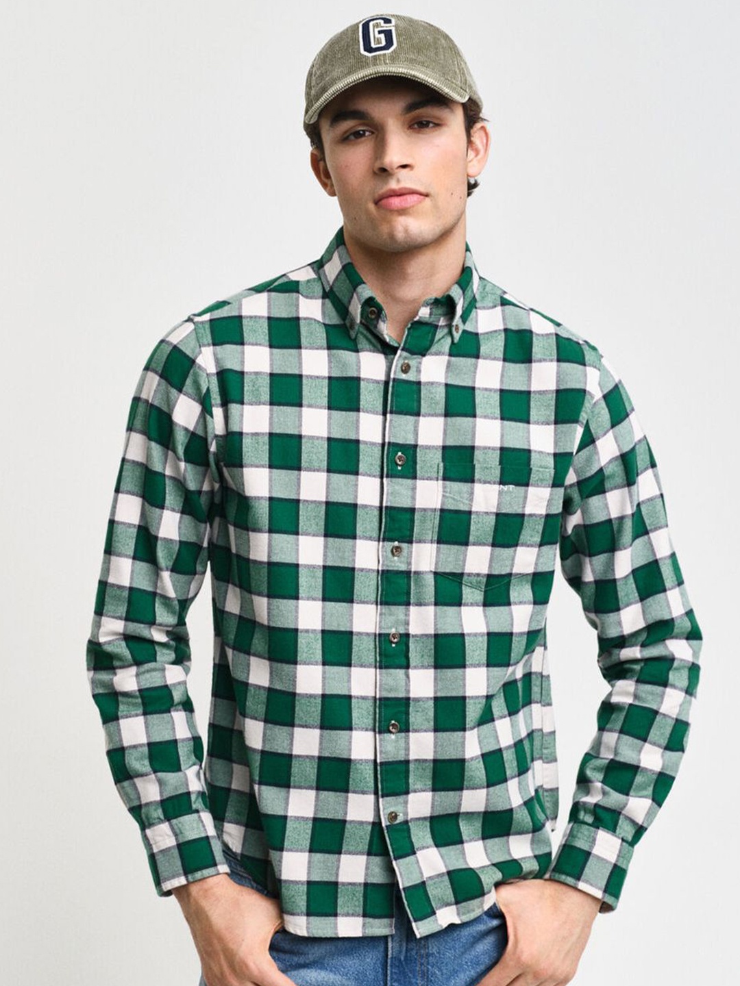 

GANT Men Button-Down Collar Buffalo Checked Cotton Casual Shirt, Green