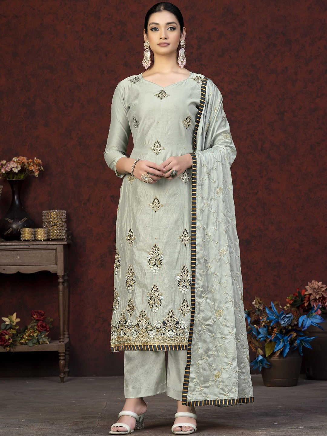 

Maroosh Ethnic Motifs Embroidered Unstitched Dress Material, Grey