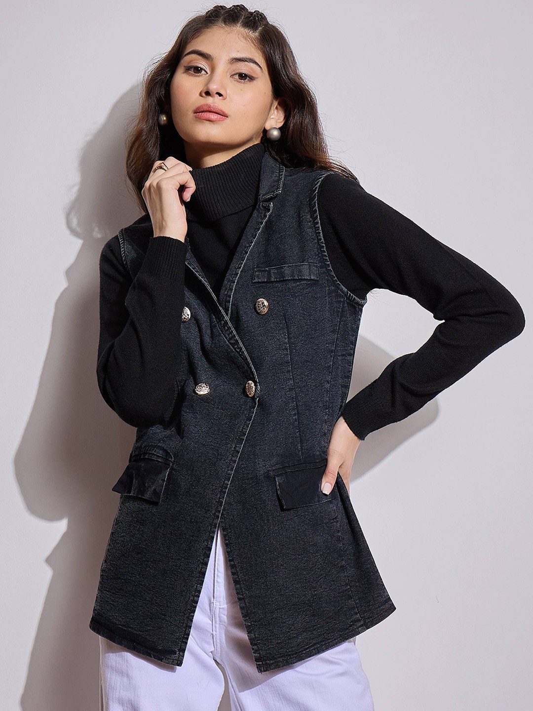 

SASSAFRAS Women Lapel Collar Washed Solid Casual Denim Jacket, Black