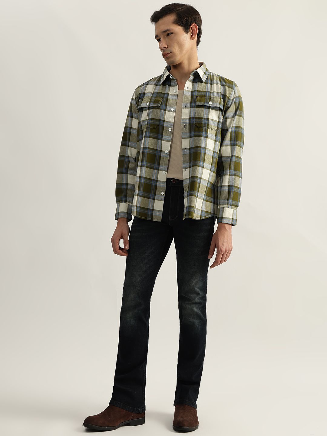 

Iconic Men Spread Collar Tartan Checked Cotton Casual Shirt, Green