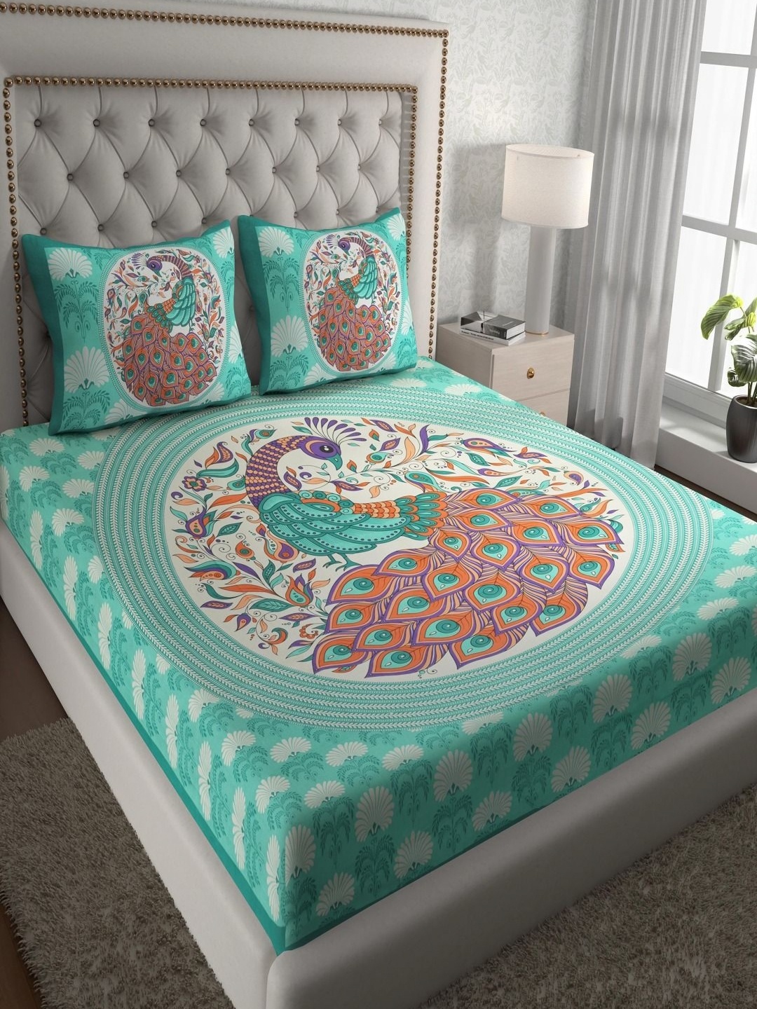 

UNIQCHOICE Turquoise Blue Ethnic Motifs Cotton 120 TC Queen Bedsheet Set 2.35 m x 2.15 m