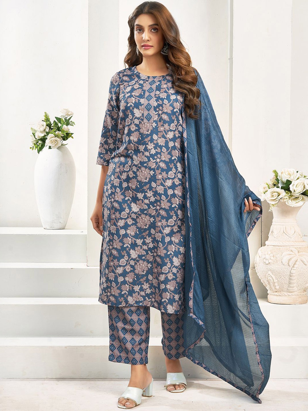 

KALINI Floral Printed Round Neck Straight Kurta With Trousers & Dupatta, Blue