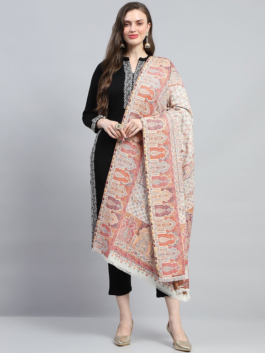 

Monte Carlo Ethnic Motifs Woven Design Reversible Shawl, Off white