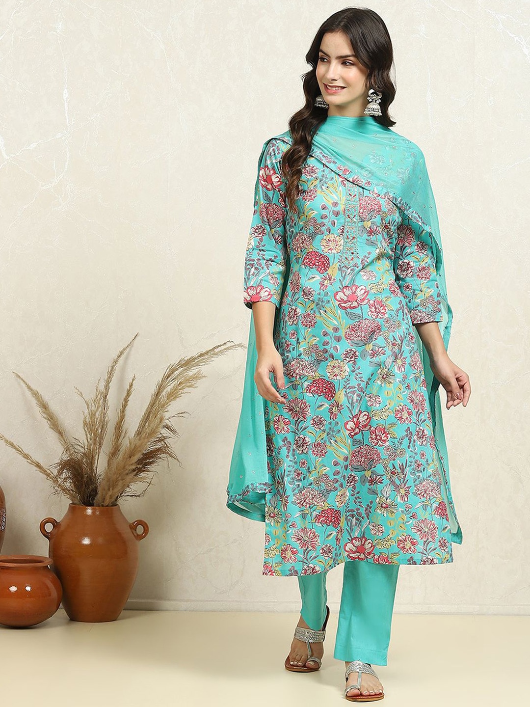

Biba Floral Printed Pure Cotton Unstitched Dress Material, Blue