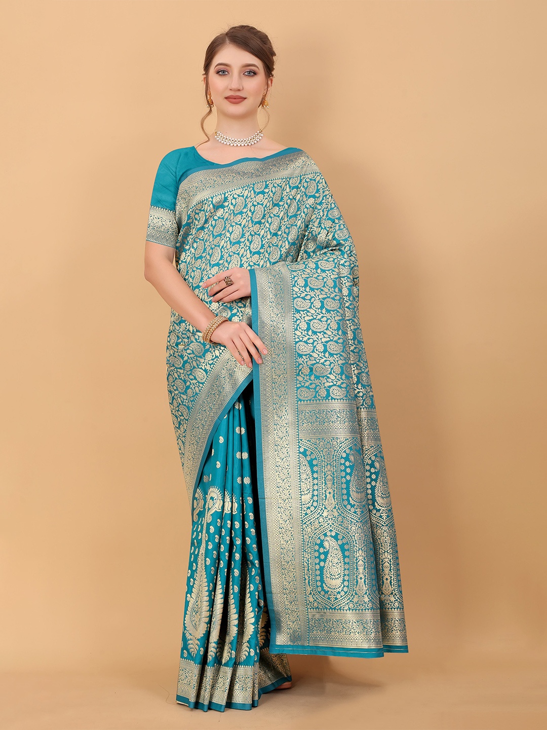 

NIWAA Ethnic Motifs Zari Pure Silk Kanjeevaram Saree, Teal