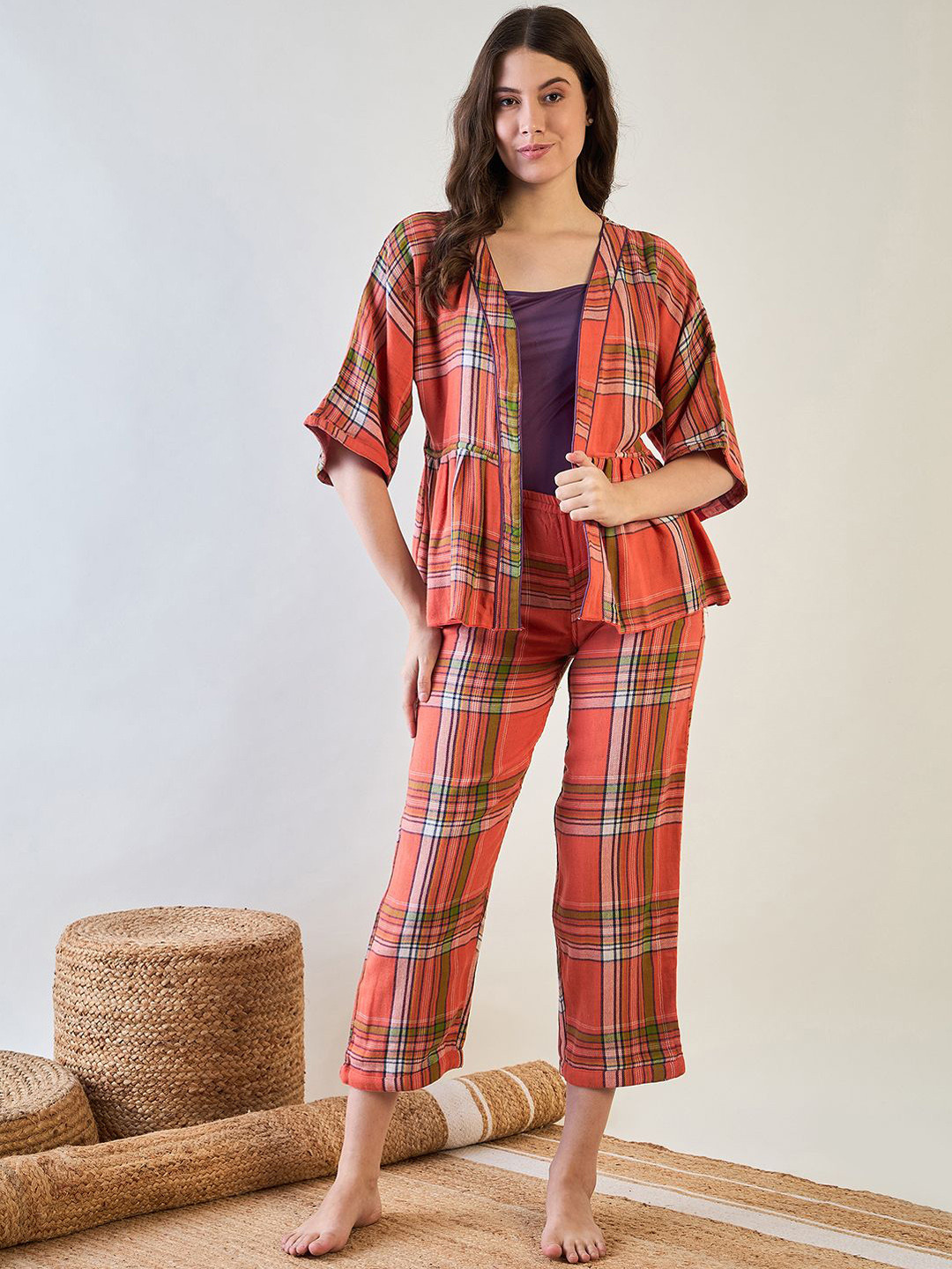 

The Kaftan Company Women Checked Night suit, Orange