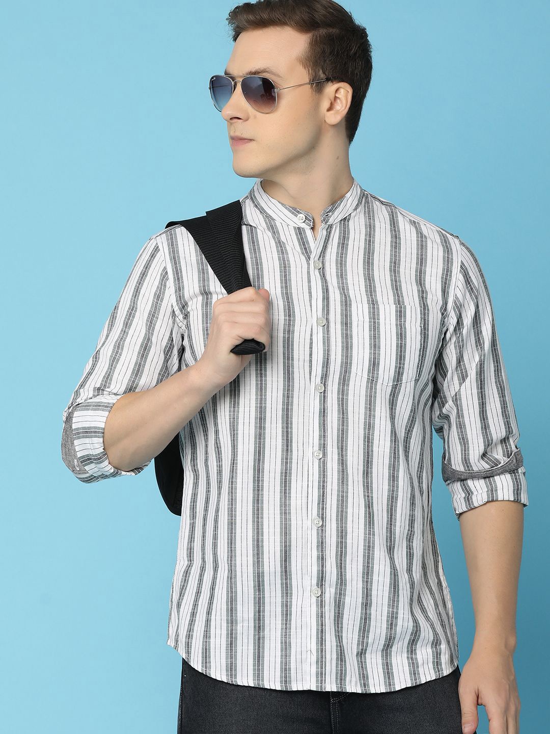 

V-Mart Men Band Collar Vertical Striped Cotton Casual Shirt, White