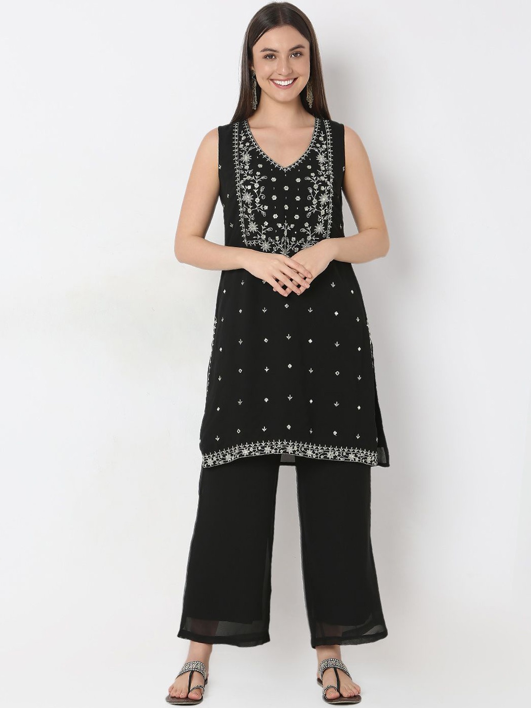 

Ethnicity Floral Embroidered Straight Kurta With Palazzos & Dupatta, Black